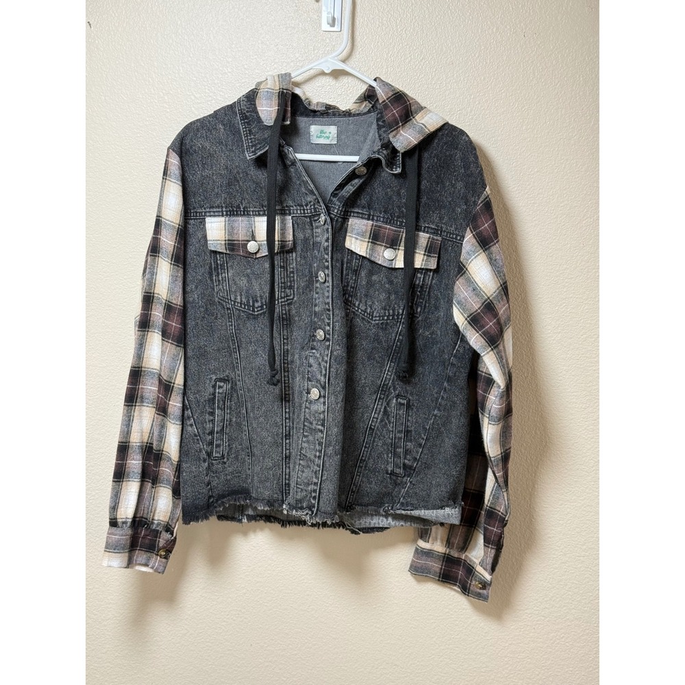 Blue Buttercup Womens Acid Wash Denim Plaid Hooded Jacket Grey Brown L J70262